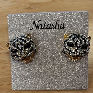 NWT Natasha Couture Gold tone and Black Panther Earrings